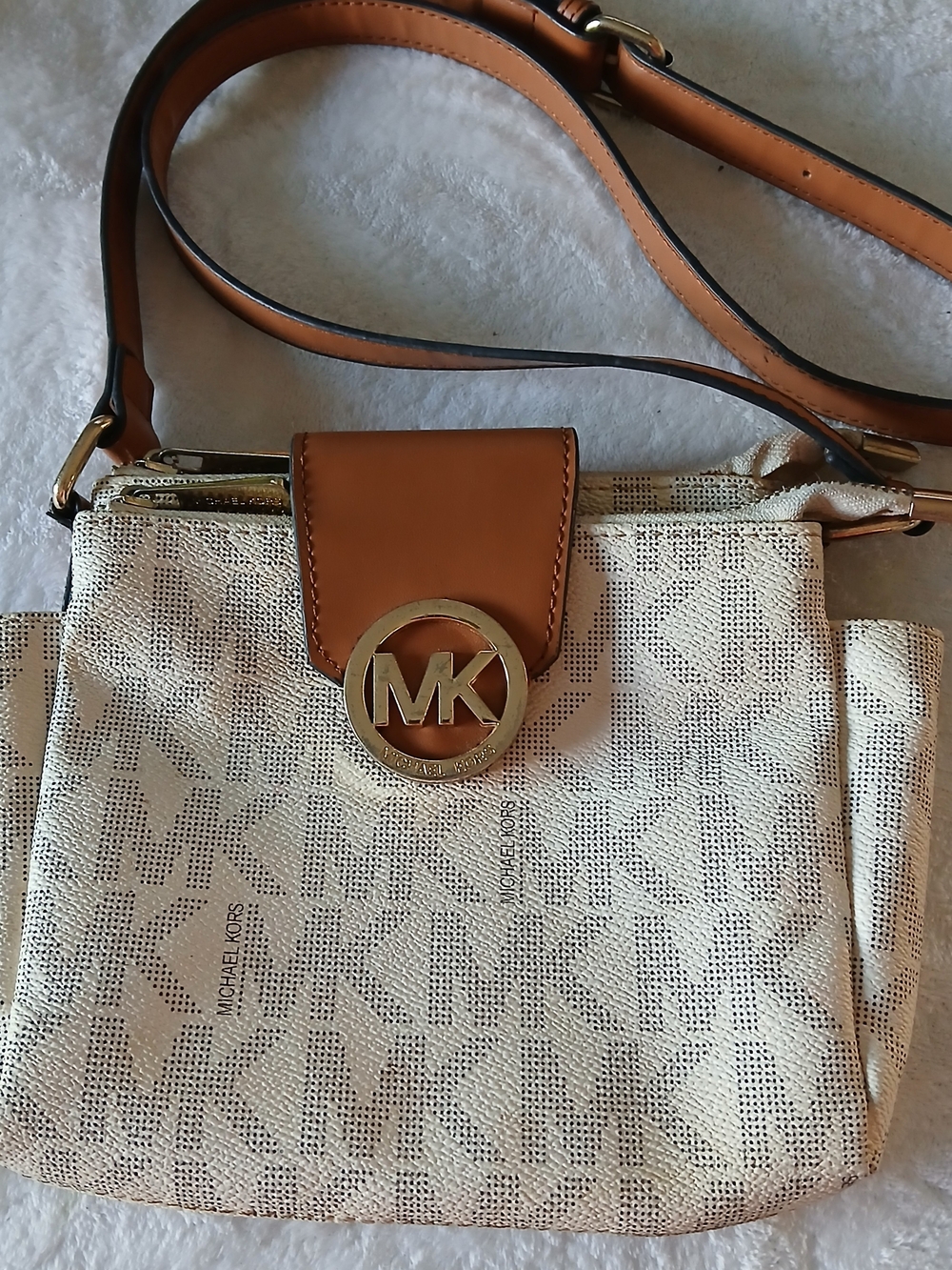 Michael Kors MK Canvas Crossbody Bag in Cream & Tan